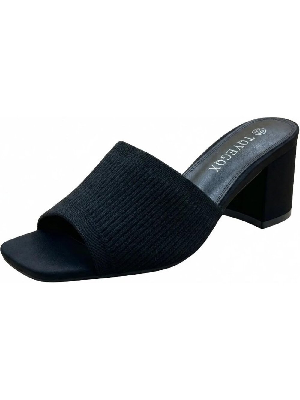 Women's Black Knit Comfortable Square Open Toe Chunky Block Low Sandals Heels